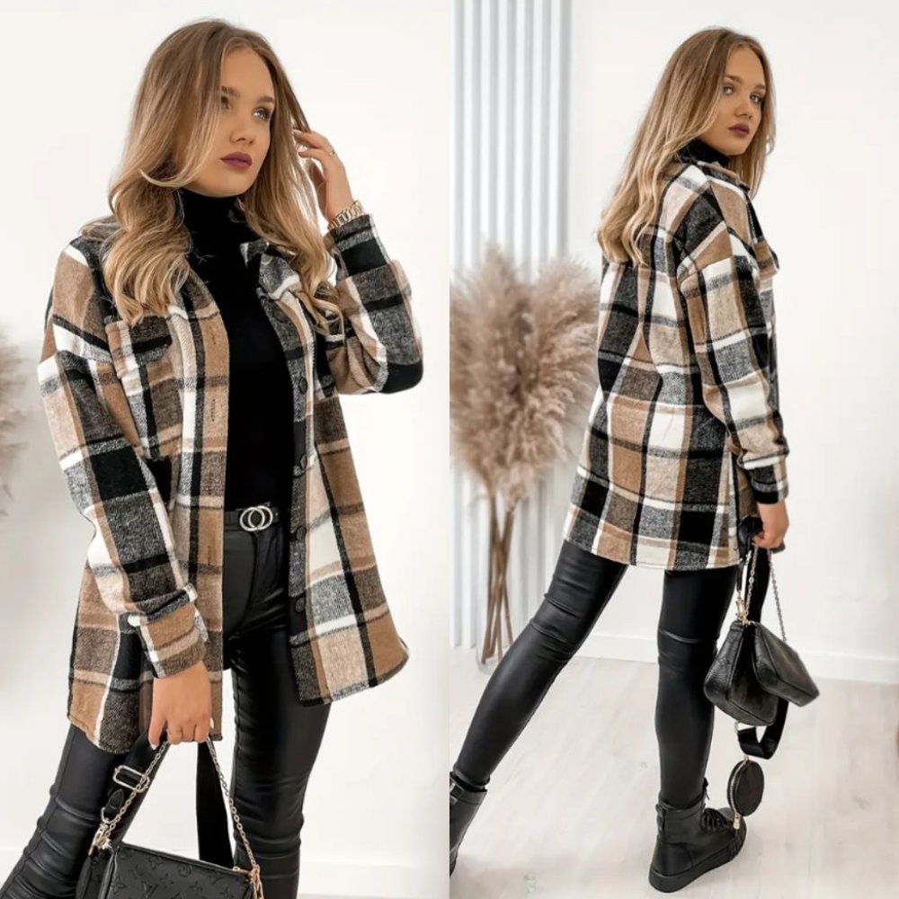 NWT Nine Britton Boyfriend Shacket Plaid Flannel Almond Brown Black SZ XL/XXL - Picture 4 of 16